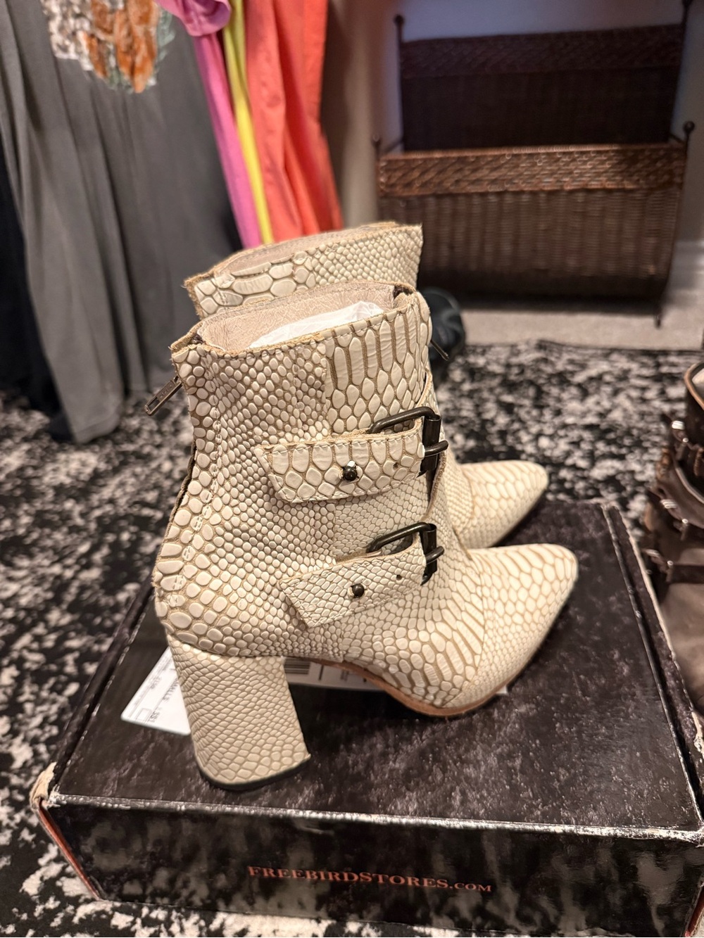 Freebird by Steven Ivory Snake-Embossed Buckle Ankle Booties - Picture 2 of 4